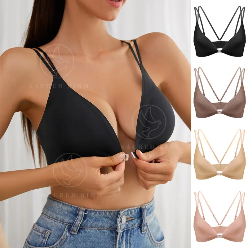 Sexy suspender without marks, light and breathable front buckle underwear European and American large size adjustment women's ringless bra wholesale