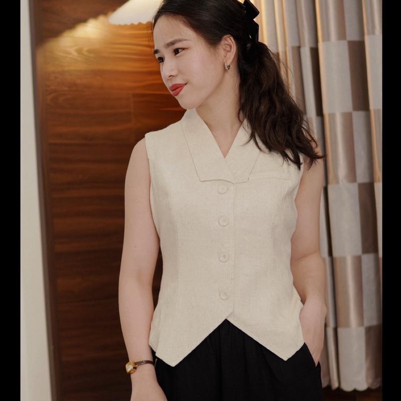(Ms05) Áo Gile Cổ Vest Nữ chất Linen Bamboo ( Thái ) Top Women Kem Voi Kem Voi