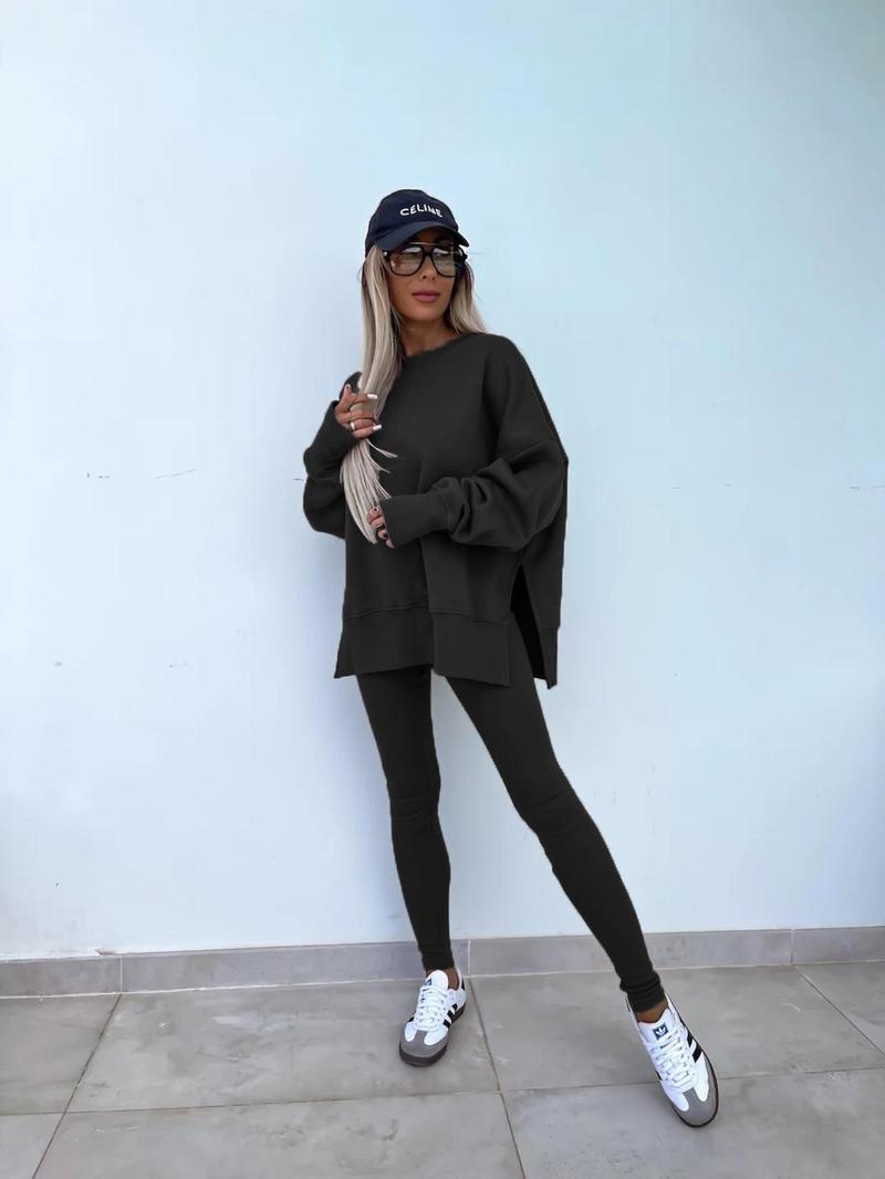 Product Introduction of 【Fashionwave Collection】 Two-Piece Set Women's Solid Drop Shoulder Split Hem Sweatshirt & Elastic Waist Pants, Casual Fashion Cozy Round Neck Long Sleeve Pullover & Skinny Trousers for Daily Outdoor Wear, Women's Lounge Clothing for Spring & Fall 7