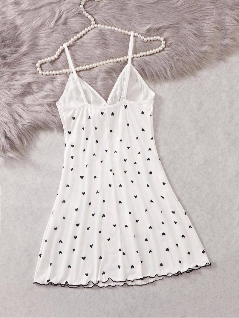 Product Introduction of Women's Heart Print Bow Front Lettuce Trim Cami Nightdress, Elegant Soft Comfortable Spaghetti Strap Backless Nightgown For All Seasons, Ladies Sleepwear For Daily Wear 7
