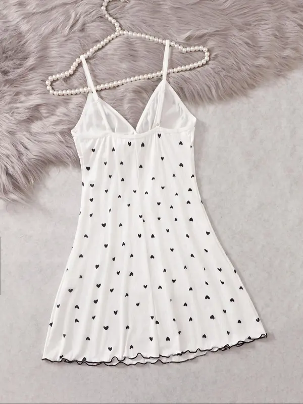 Women's Heart Print Bow Front Lettuce Trim Cami Nightdress, Elegant Soft Comfortable Spaghetti Strap Backless Nightgown For All Seasons, Ladies Sleepwear For Daily Wear 1