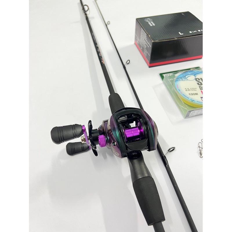 Combo bộ cần câu lure máy ngang Spin Rice, bắt cá 1-3kg  ( máy ngang Tian Ánh Tím + dây + nhái + khóa link ) Bộ sói đen ánh tím)