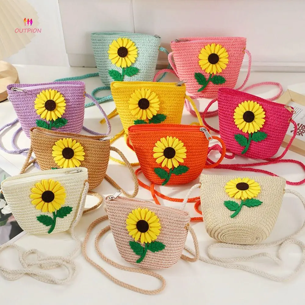 Beg Selempang, Rekaan Straw Comel, Corak Bunga, Saiz Kecil, Sesuai untuk Kanak-kanak Perempuan dan Kanak-kanak, Beg Tangan