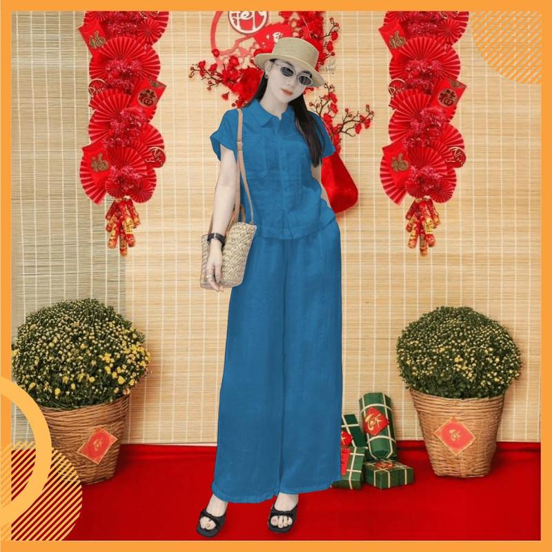 Set đồ nữ Sơ Mi Thư [45-82kg], Set bộ nữ quần ống suông lưng thun, chất liệu đũi tơ mềm mịn, mặc mát K81