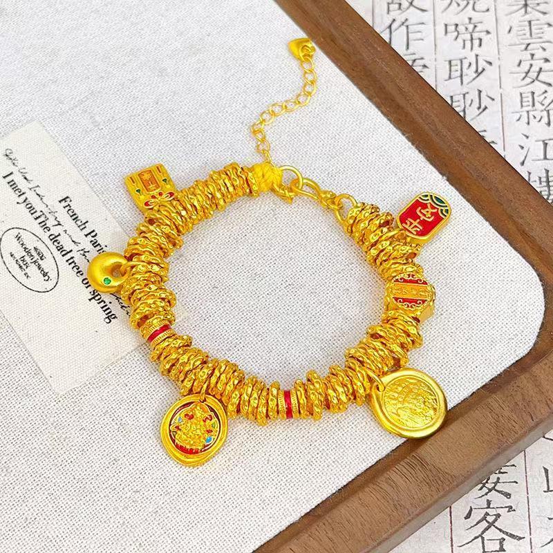 Vòng Tay Cuốn, Cùng Phong Cách Với Wei Xue, Dành Cho Nam Và Nữ, Phong Cách Dân Tộc, Men Màu Vàng Thần Tài, Vàng Phù Sa, Một Dây Tiền Xu, An Toàn Và Béo Fu, Vòng Tay Phong Cách Cổ Xưa, [Chất Lượng May Mắn] 2