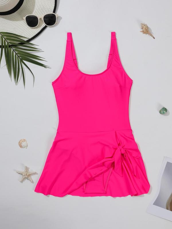 Christmas Gift Women's 2024 Solid Asymmetrical Ruched Knot Design Tank Swimsuit, Beach Adjustable Strap Sleeveless One-piece Swimwear for Beach Holiday Vacation, Chic Ladies Summer Clothes, Curve Swimwear UK 6