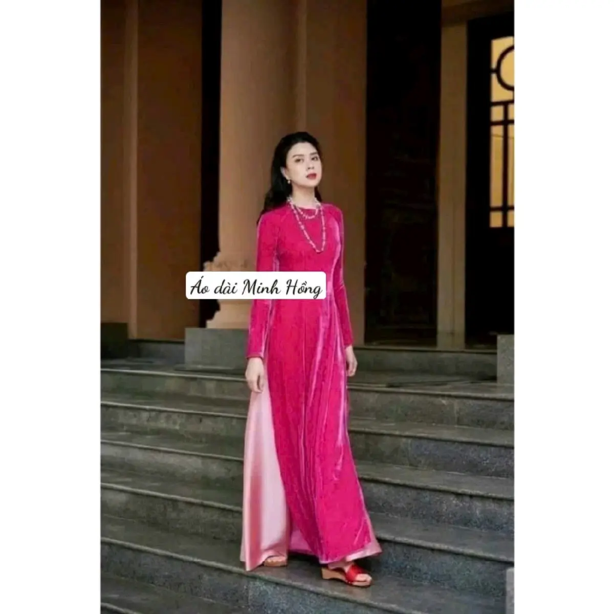 Áo dài nhung mầu hồng sen y hình- áo dài hạnh
