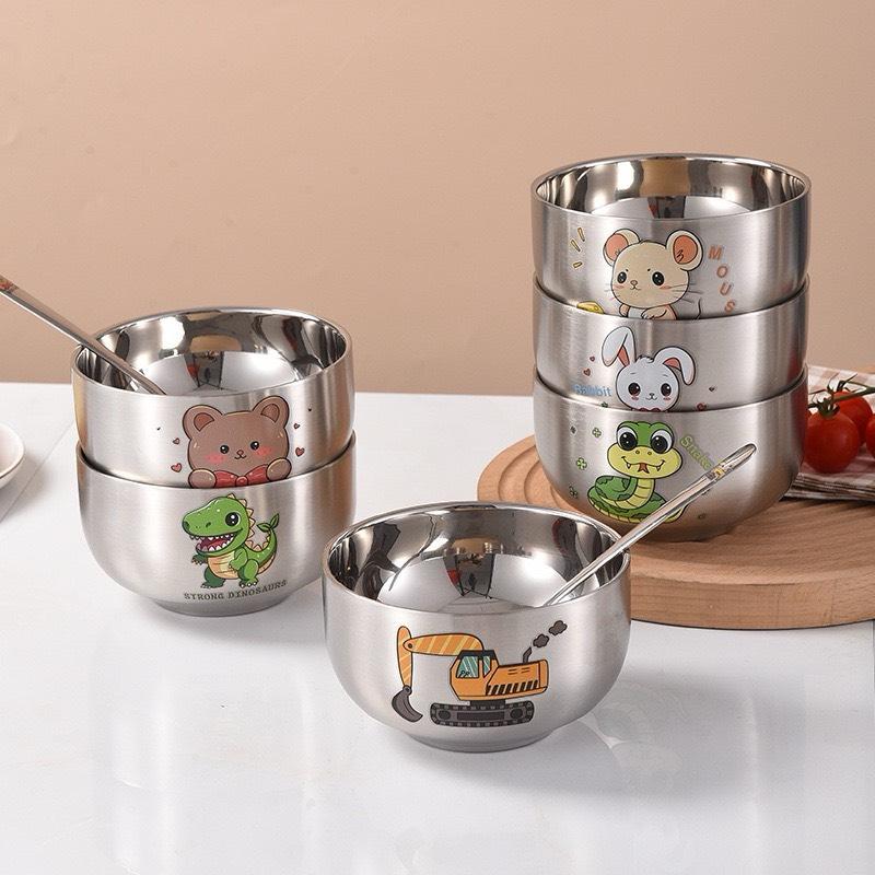 Bát Ăn Dặm Cho Bé Kèm Thìa, Inox 304. Chống Nóng. Hình cute Kem Voi chén