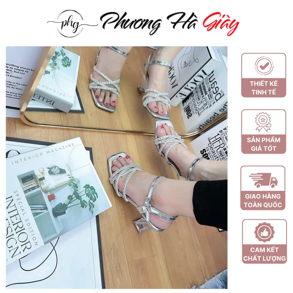 Giày Cao Gót Đính Đá Chéo Xoắn Guốc Cao Gót Vuông Trong 5 Phân Tôn Dáng Phong Cách Công Sở Thanh Lịch Nhẹ Nhàng