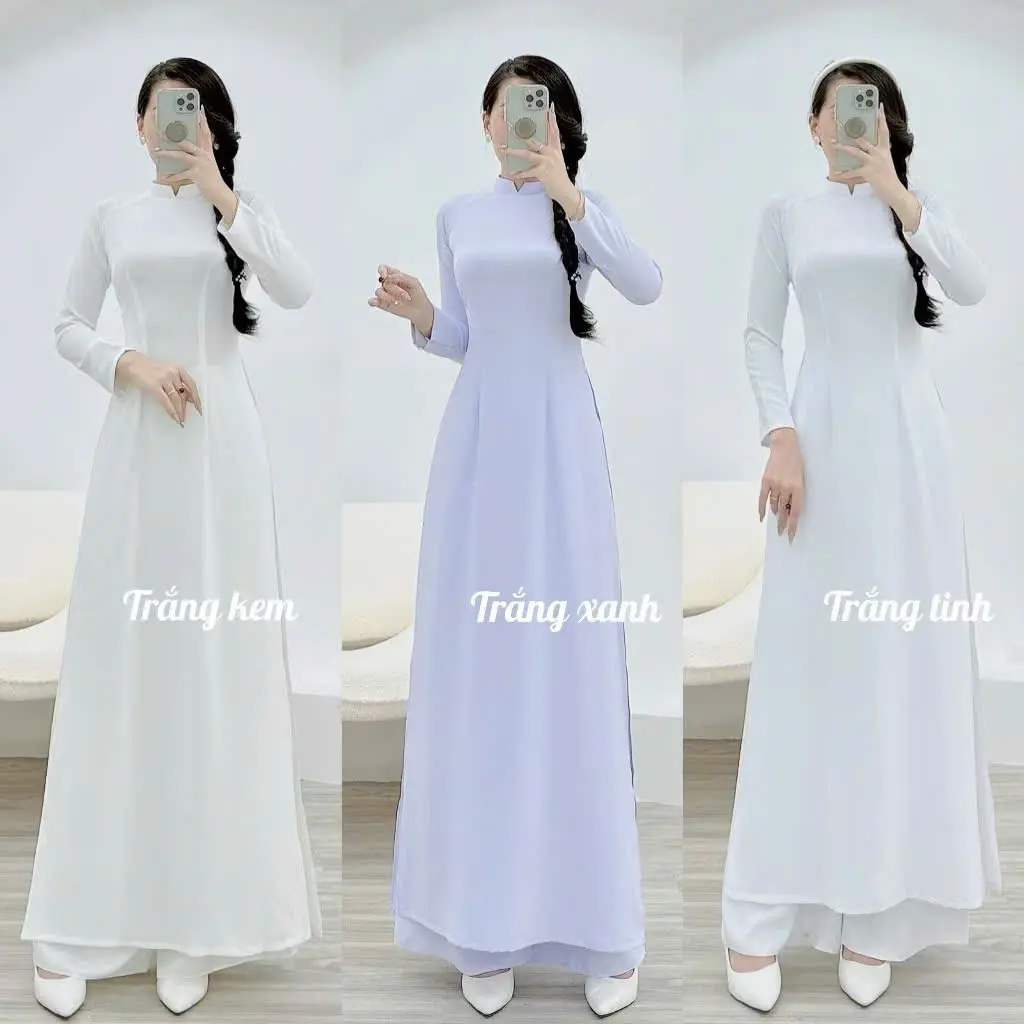 Áo dài trắng học sinh cao cấp 2 tà lụa mỹ Nữ Voi Dress Sen Màu Trắng - Áo dài truyền thống lụa Mỹ cao cấp