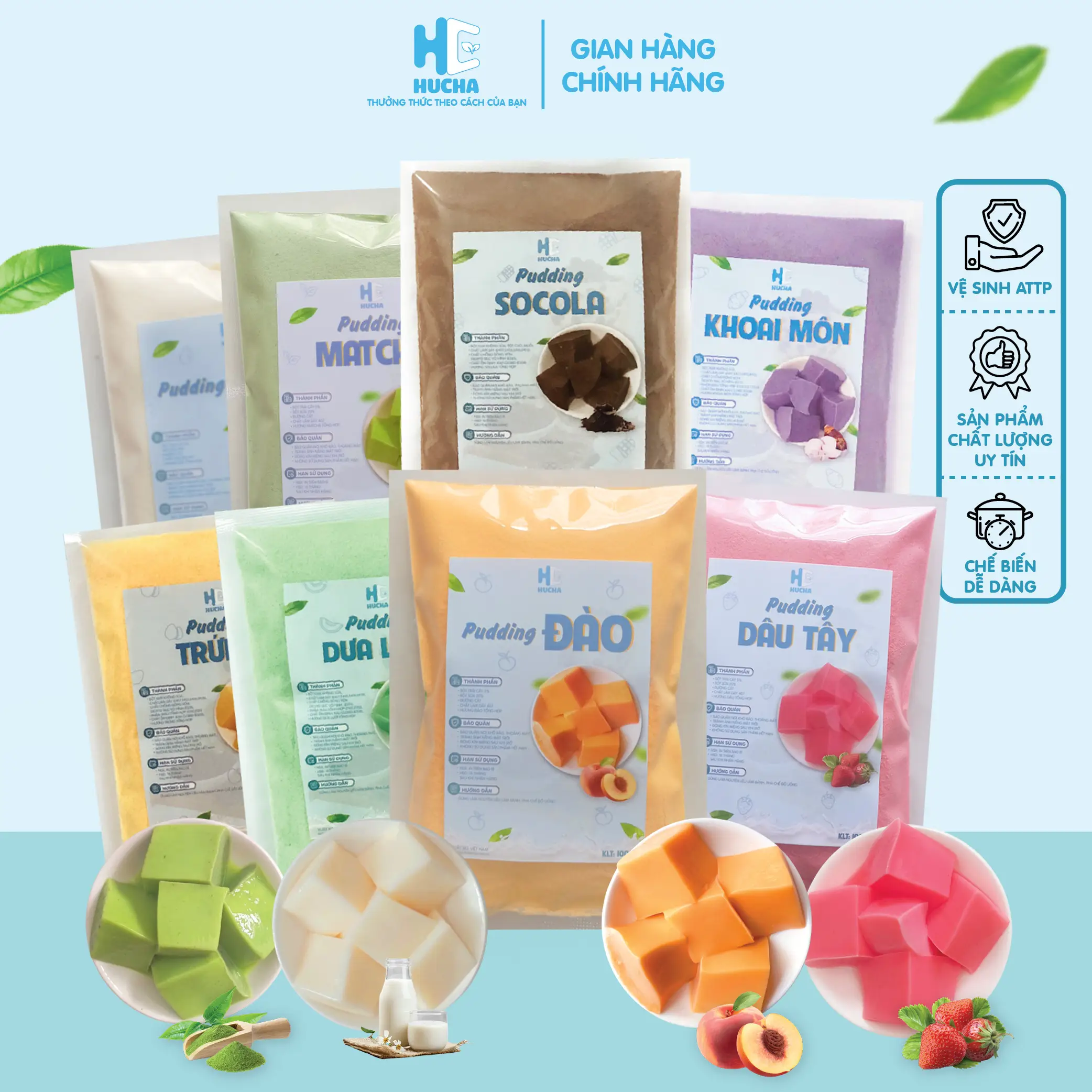 Bột pudding gói 100g siêu ngon và hấp dẫn 9 vị trứng socola khoai môn dưa lưới sữa đào dâu xoài, sét nguyên liệu Hucha Food Ăn Vặt