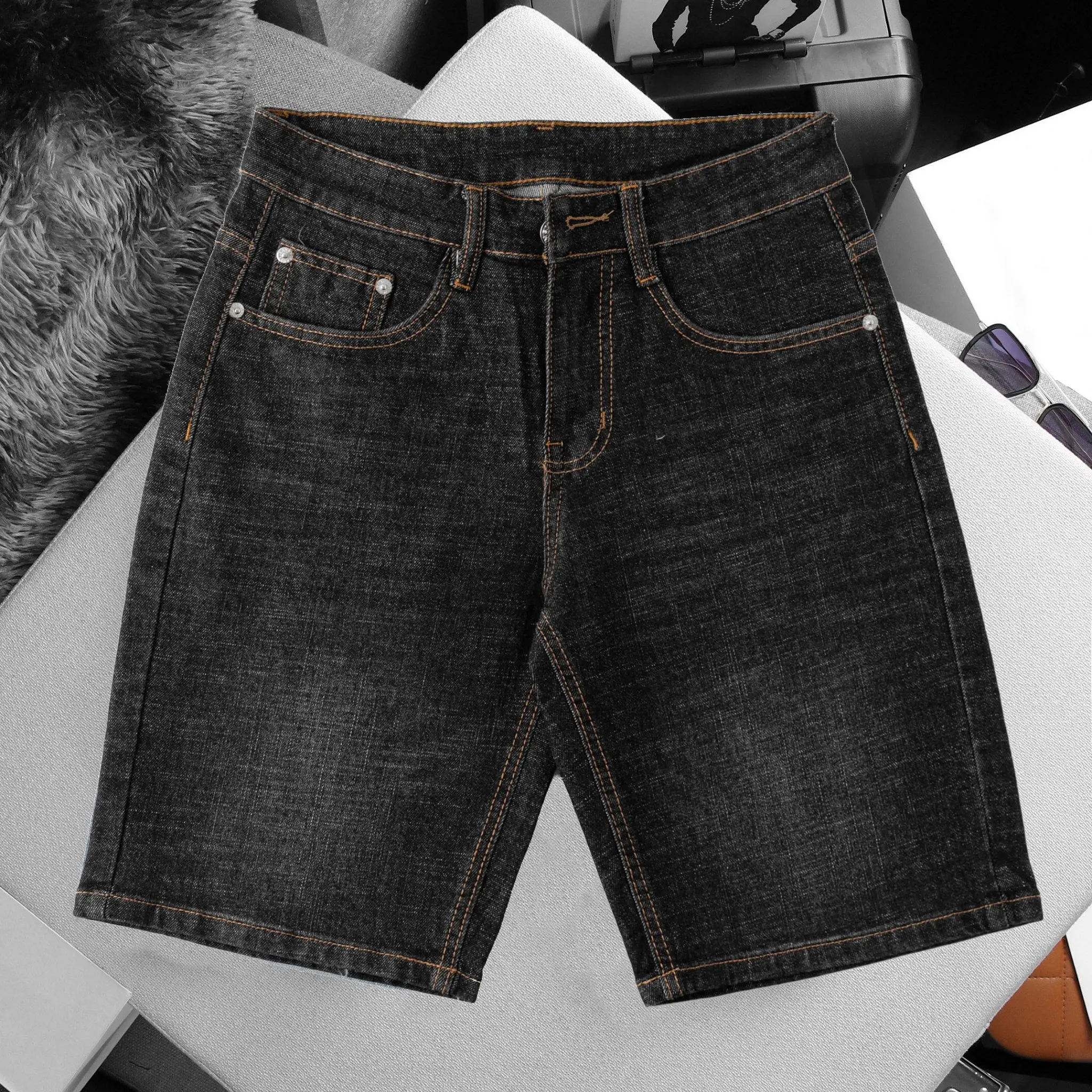 Quần short jean ngắn Nam ống rộng vãi coton co giãn nhẹ XÁM ĐẬM 07 Pants Có Túi