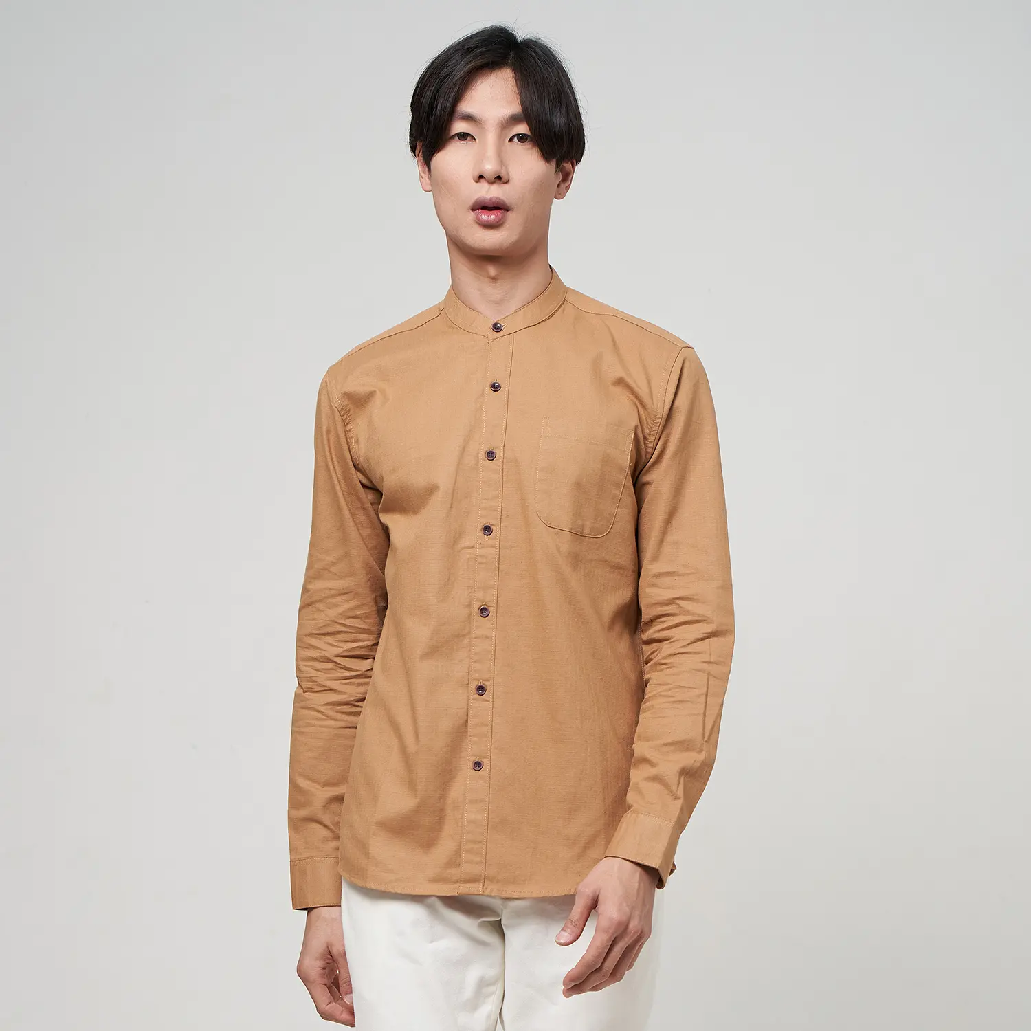 ALINO Kemeja Pria Kerah Sanghai Polos Lengan Panjang MOCCA 061 Nyaman Basic Casual Coklat Formal Hitam Kantor Slimfit Baju Kerja Cowok Kancing Hem