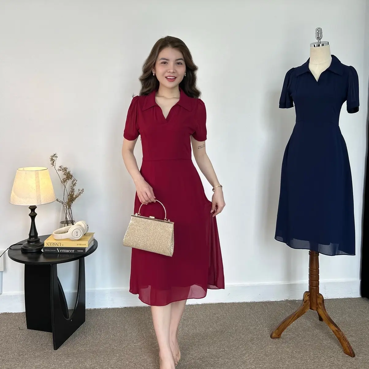 TD02 đầm xòe A cổ somi trung niên sang trọng chất liệu voan trơn có size 45-90kg Nữ Women Dress Voi Sen