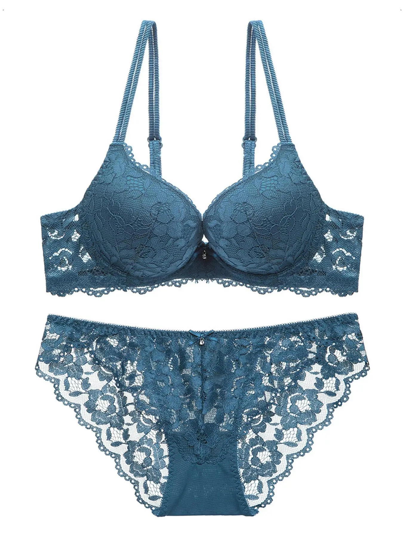 Two-Piece Set Women's Adjustable Strap Lace Bra & Bow Front Panty Set, Solid Color Push Up Lingerie Set, Soft Comfortable Breathable Underwear Set for Daily Wear