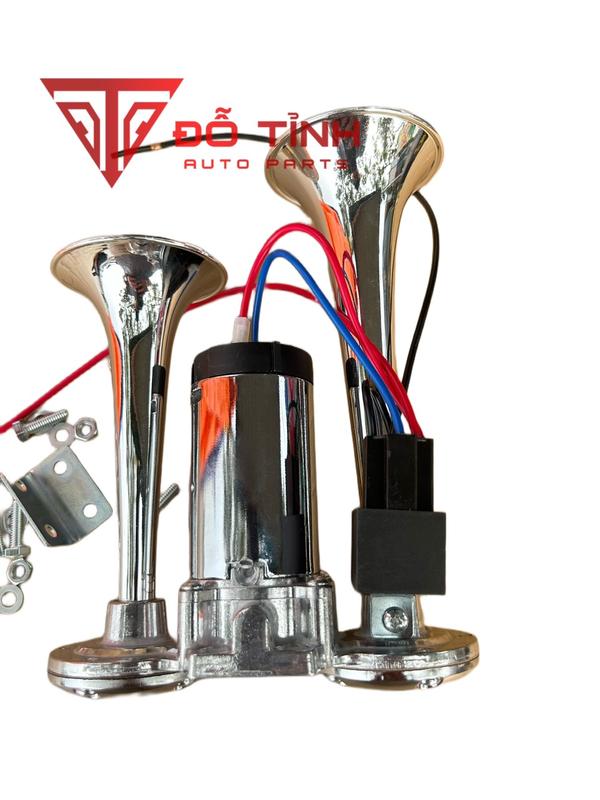 Còi hơi ô tô, xe tải 12v-24v. Còi sinh hơi 2 loa mạ crom cho xe không có bình hơi.