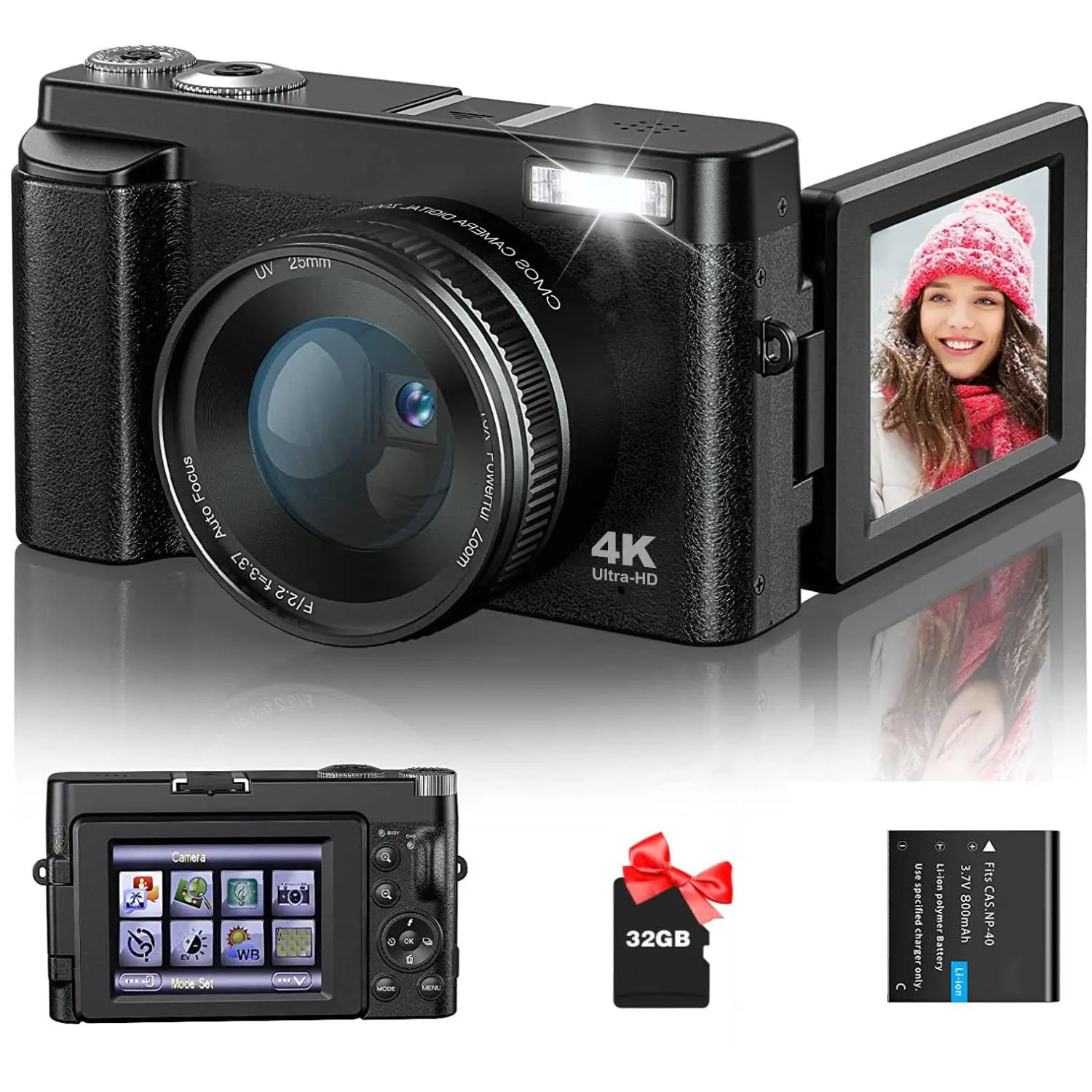 4K Digital Cameras, Autofocus 48MP Vlogging Camera, 16X Digital Zoom with Flash 180 Degree 3.0 inch Flip Screen & 32G SD Card, Stocking Fillers Gift