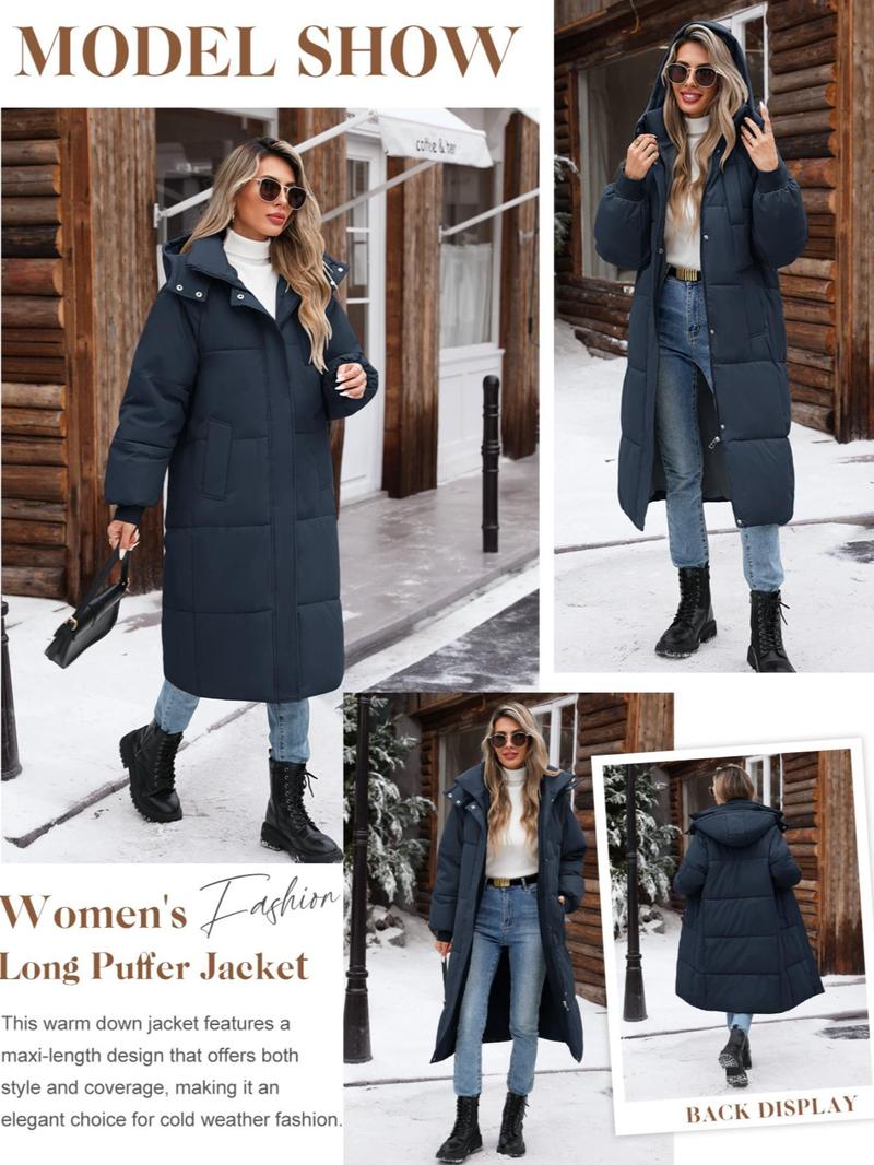 Product Introduction of Women's Solid Button Front Zipper  Hooded Longline Quilted Jacket, Casual Long Sleeve Pocket Design Outerwear for Fall & Winter, Women's Clothing for Daily Wear 9