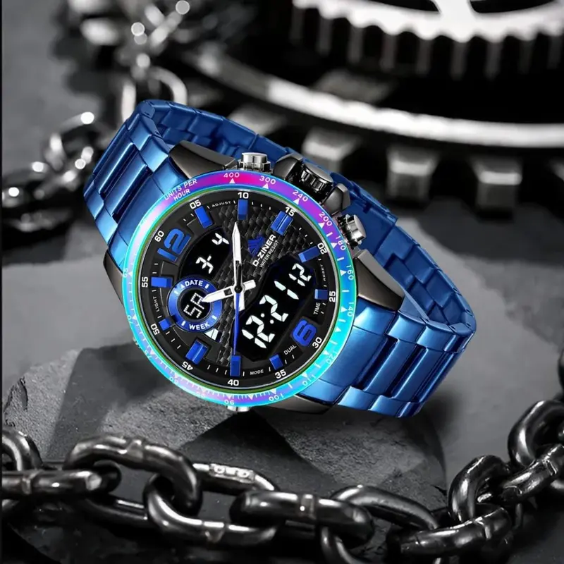 DISKON Jam tangan Pria 8306 Double Time Rantai Stainless Steel Water Resistant 3 ATM Kaca Watches 2