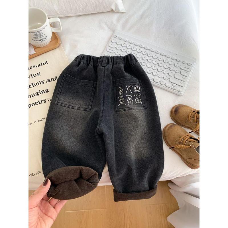 Quần Dài Jean Lót Lông Cừu, Phong Cách Mùa Đông Hợp Xu hướng Cho Trẻ Em, Màu Đen, Dễ Phối Đồ, Lót Lông Cừu Một Lớp, Quần Dày, Thích Hợp Mặc Ngoài Trời, Quần Thường Ngày Cho Bé Trai 0