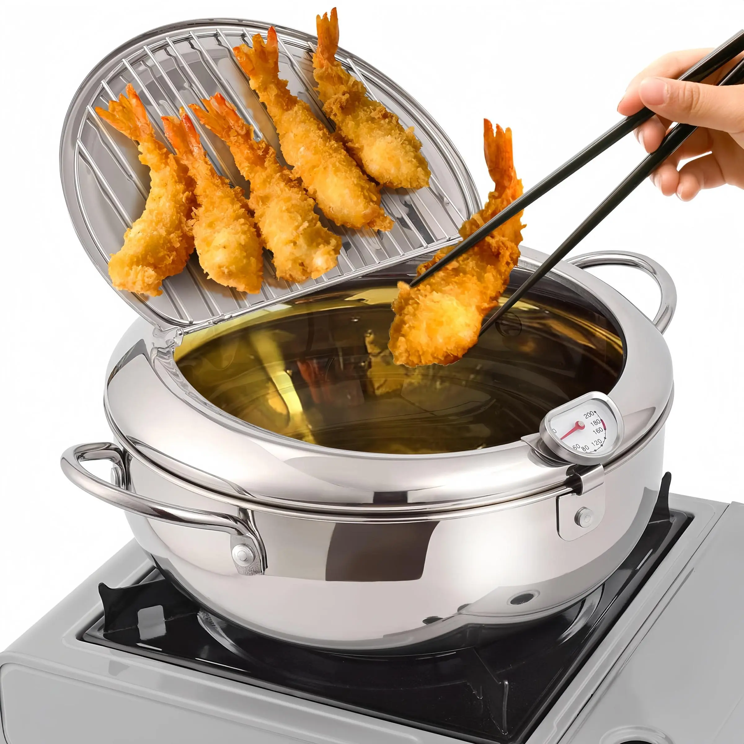 Stainless Steel Deep Fryer Pot with Temperature Control & Oil Drip Rack, Kitchen Fryer Pot for French Fries, Chicken, Multifunctional Cookware, Kitchen Gadgets