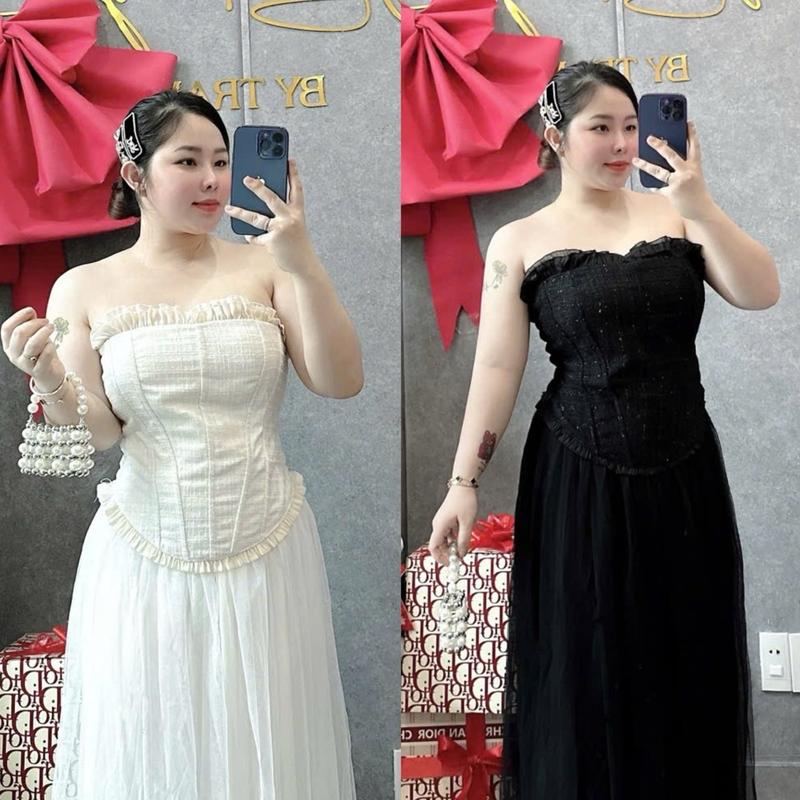 Bộ Áo Cúp Dạ Nhún Bèo + Váy Lưới Có Lót Dài Bigsize 55-90kg Cho Nữ - Women Top Cup corset