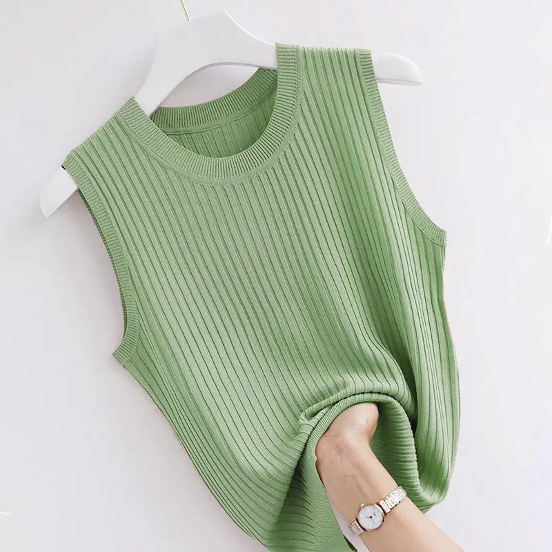 Camisole Summer Cropped Knit Slim Sleeveless Tops Female Fashion 2023 Chic Lady Crop Top Solid Tank Tops Femme Clothing Tube Lingerie Casual Basic Comfortable Soft Simple Medium Womenswear Knitted Fit Viscose Minimalist Breathable Crewneck Fabric