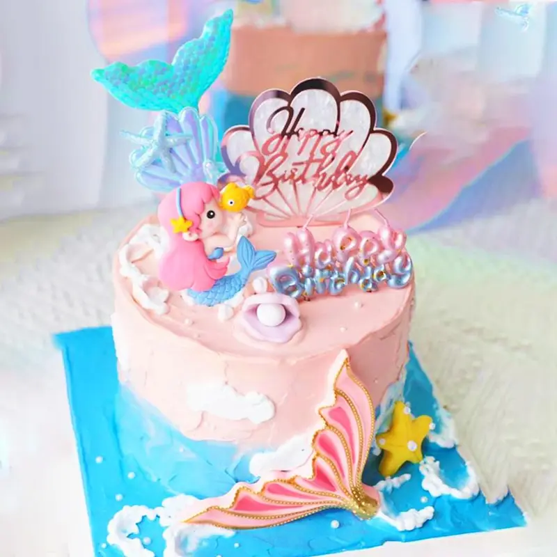 Mermaid Themed Cake Decoration Set, 6 Counts/set Mermaid Tail & Shell & Starfish & Birthday Card Cake Topper, Cake Decoration Supplies for Birthday Party, Ornaments 3