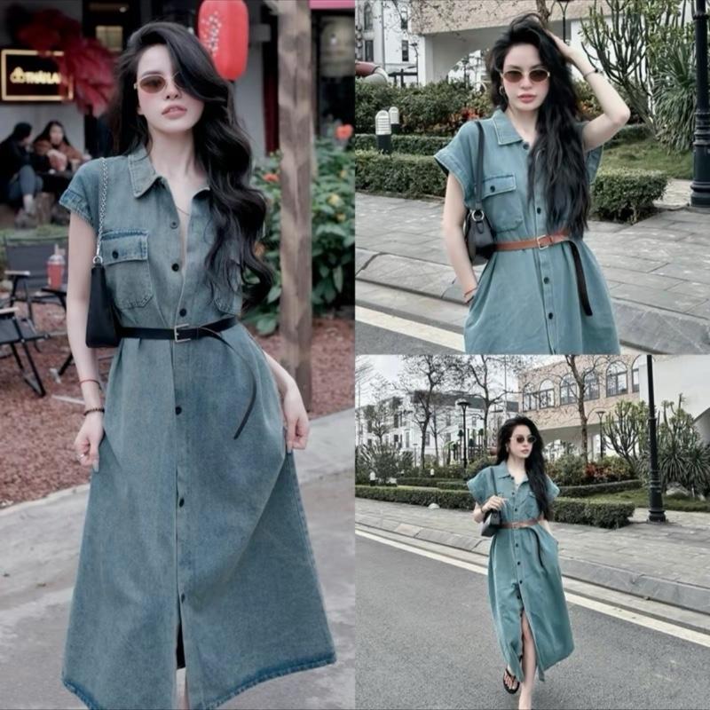 VÁY BÒ 2 TÚI CÀI NÚT FOM DÀI TAY CỘC KÈM ĐAI V06 0