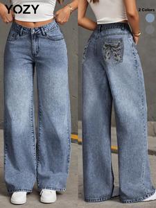 YOZY Women's Bow Embroidery Pocket Design Button Fly Straight Leg Jeans, Casual Fashion Comfy Denim Trousers for Daily Wear, Ladies Bottoms for All Seasons