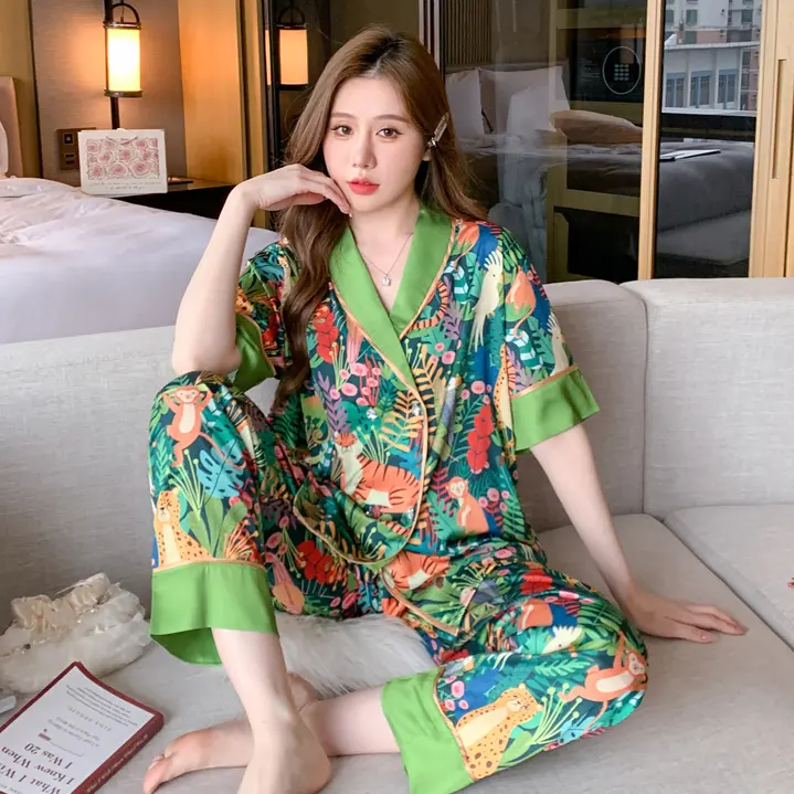 Bộ Đồ Ngủ Nữ, Phong Cách Sang Trọng, Được Làm Bằng Lụa Nhân Tạo Cao Cấp, Đồ Mặc Nhà, Quần Dài Ngắn Tay, Bộ Đồ Hai Mảnh