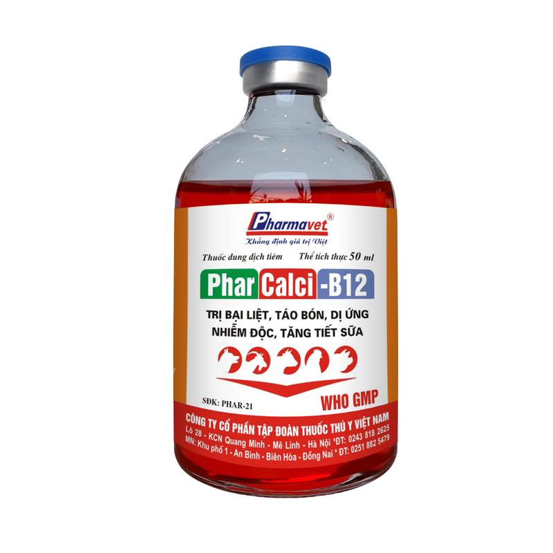 PHARCALCI B12 - Cung cấp Calci và B12 cho vật nuôi, đặc trị bại liệt, yếu chân và co giật trên vật nuôi. Dạng dung dịch 3