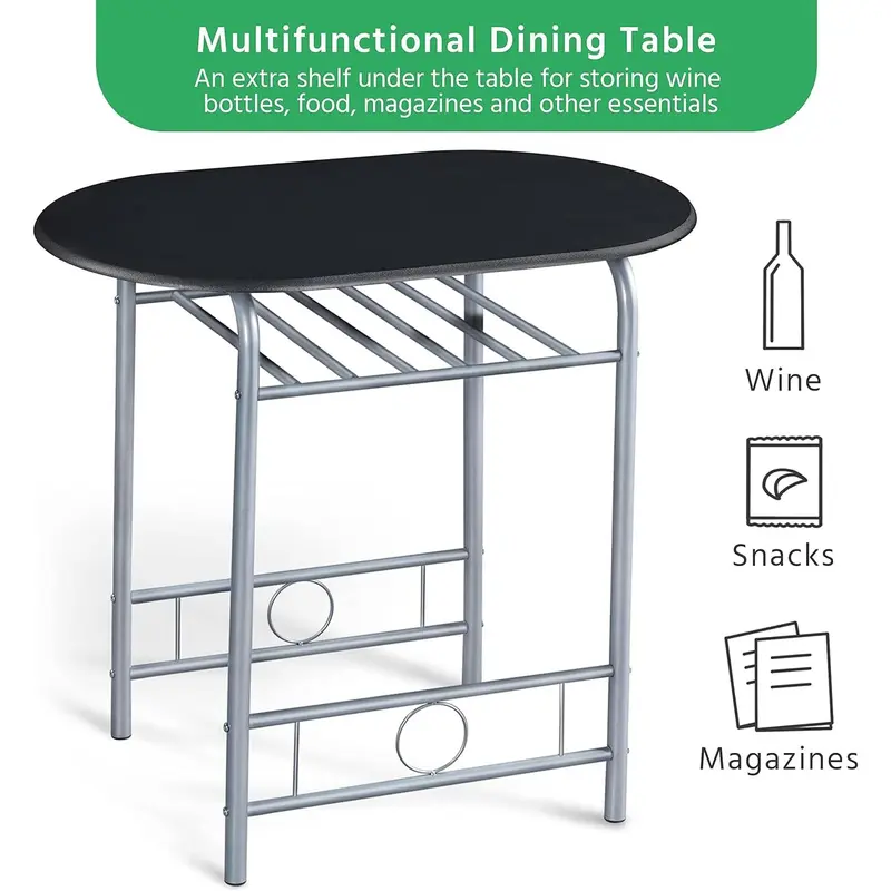 3 Piece Dining Table & Chairs Set, Compact Dining Room Set with Storage Shelf and Wine Rack, Modern Breakfast Bar Table Set for Kitchen/Apartments/Small Space, Black, 80x53x75.5cm 6