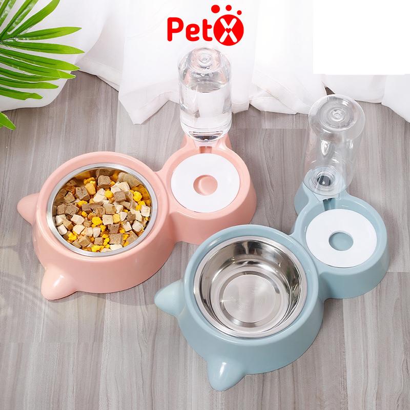 Bát ăn cho chó mèo thú cưng hai ngăn đôi hình tai mèo có bát inox khay bình nước tự động 500ml