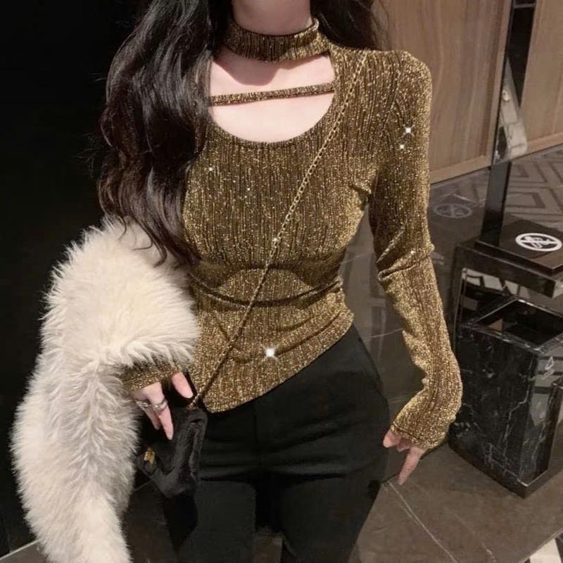 Áo Thun Nhũ Đá Vạt Chéo Tay Dài Co Giãn D24