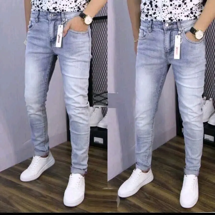 Quần jean nam màu xanh bạc chất bò co giãn 4 chiều có túi lưng cao Phom slim