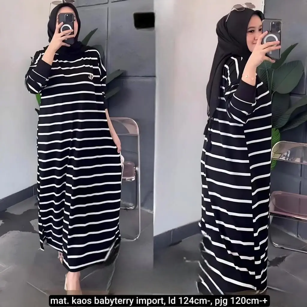 TERBARU GAMIS SALUR BAHAN BABYTERI DRESS GARIS OVERSIZE MEWAH ELEGAT PAKAIAN WANITA REMAJA Motif