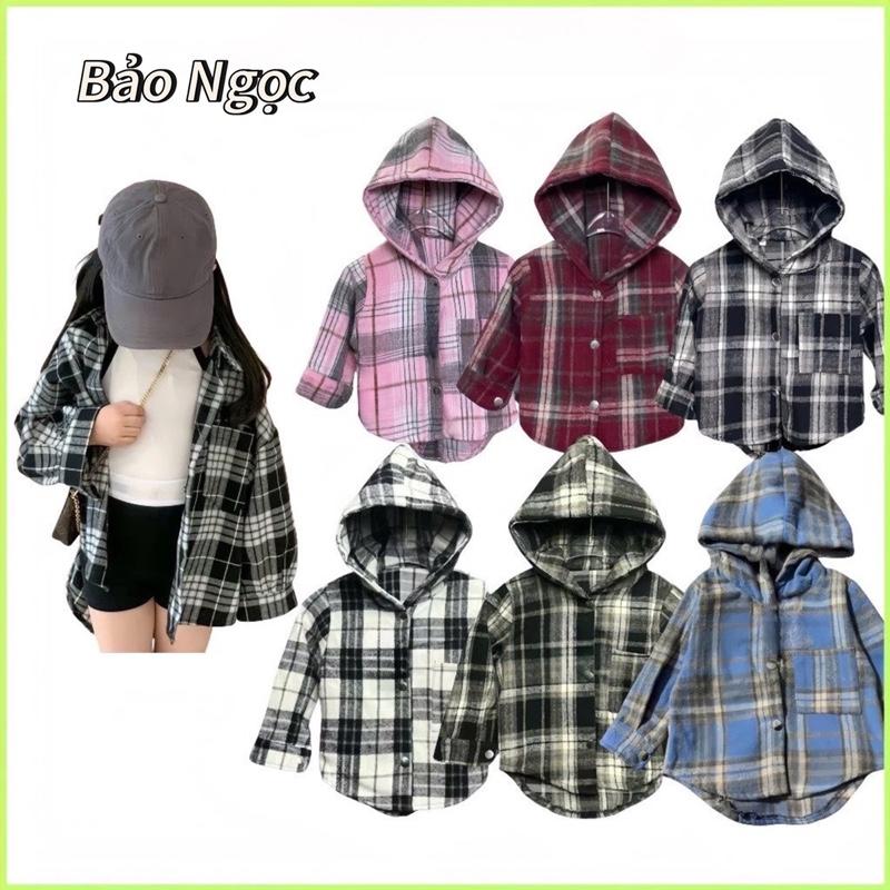 Áo Sơ Mi Dạ Có Mũ Cho Bé Chống Nắng Kẻ Caro Phong Cách Hàn Quốc Chất Liệu Cotton Mềm Mịn 10-40kg