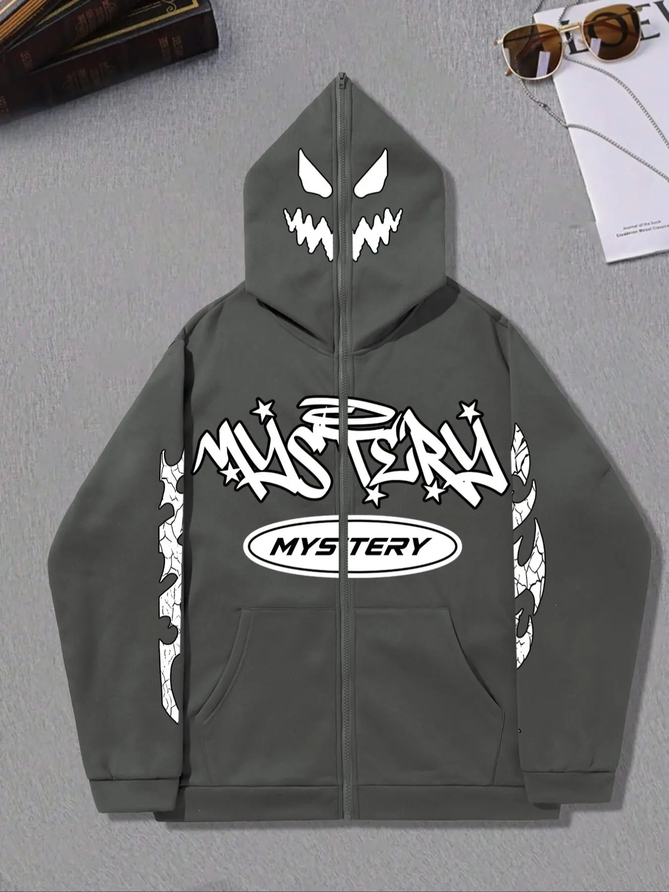 Men's Letter & Skeleton Print Zip Up Hoodie, Regular Fit Casual Pocket Long Sleeve Hooded Sweatshirt, Men Clothes for Fall & Winter Daily Wear