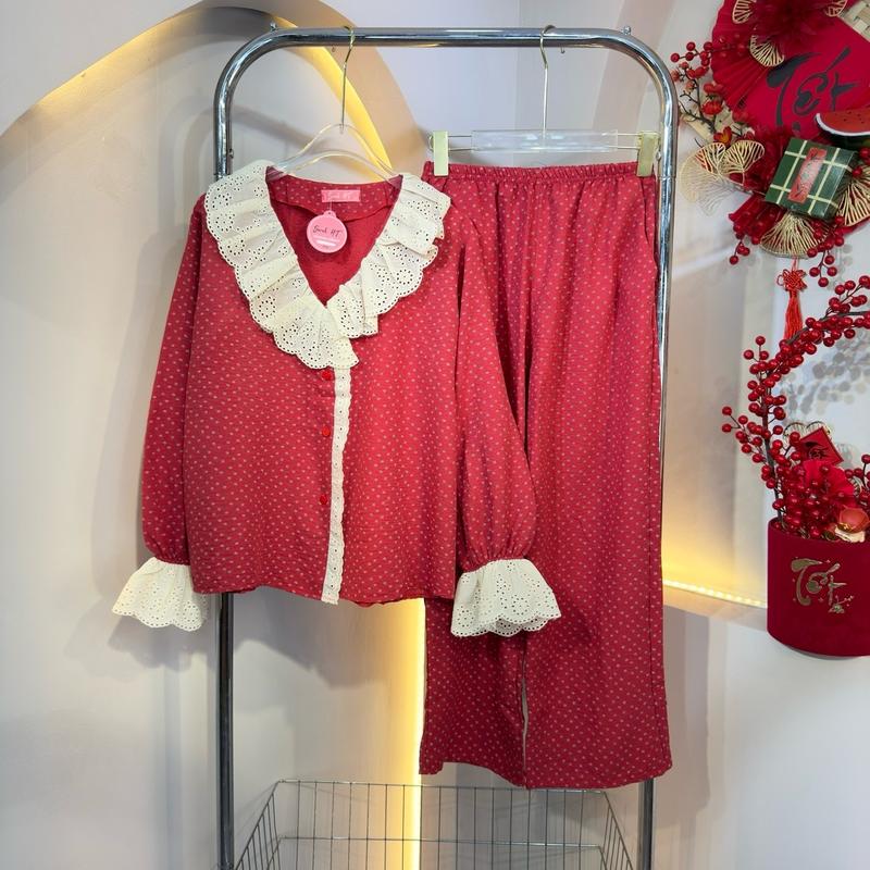 Đồ Bộ Nữ Chất Vải Đũi Hoa Nhí Đỏ , bộ pijama đũi tiểu thư , bộ ngủ thu đông freesize 40-60kg [ Tổng Hợp Mẫu ] Women Nhung Voi  Kem 5