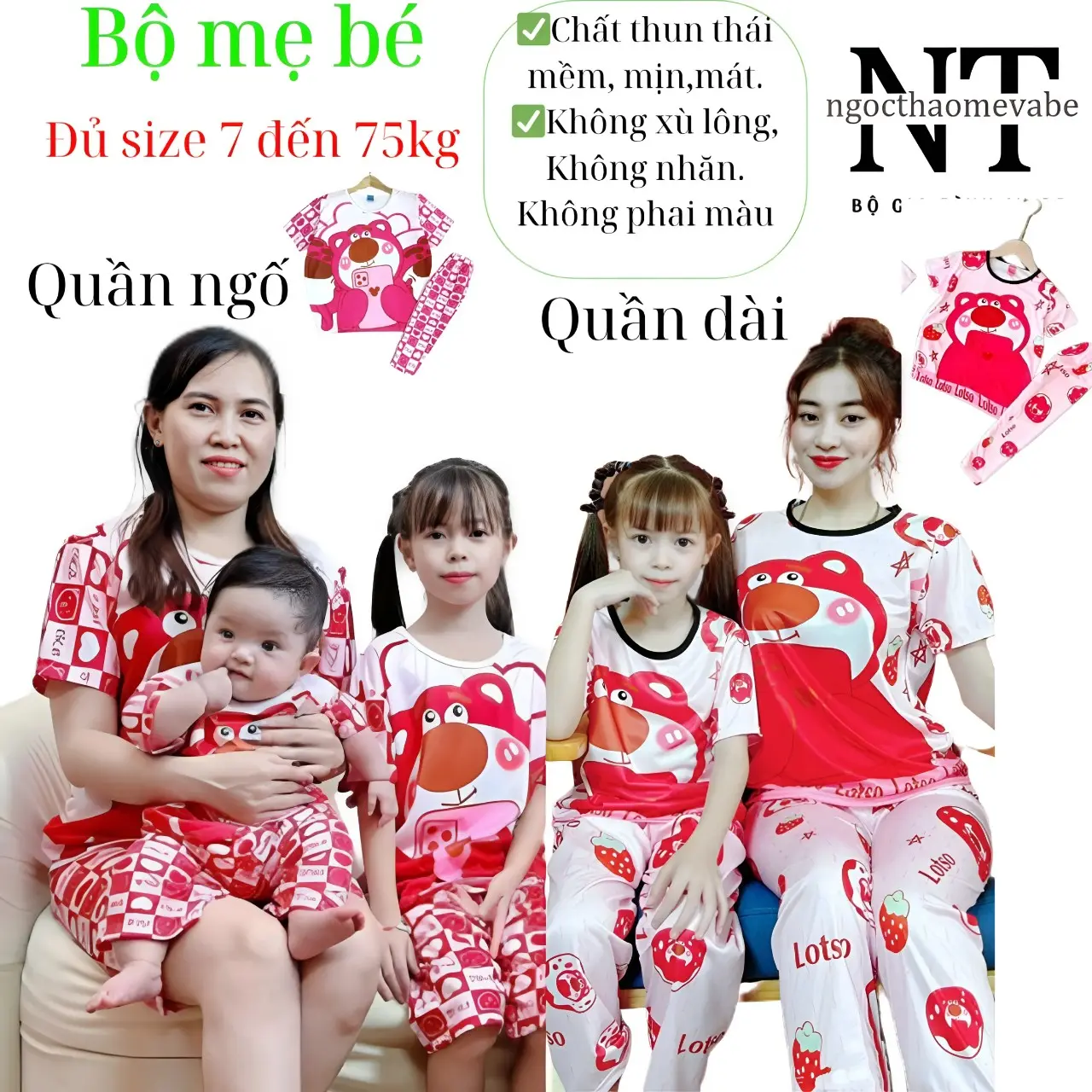 Đồ bộ thun phù hợp mặc cho mẹ và bé mẫu Áo cộc tay gấu dâu, quần ngố và quần dài mặc được cho bé trai, bé gái cho cả gia đình. Top  Nữ Women Quần Ngủ Ong