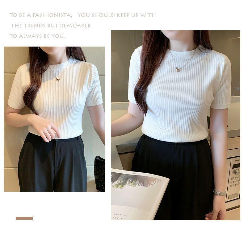 Product Introduction of Áo Dệt Kim, Dáng Ôm, Áo ngắn Tay, Áo Chui Đầu Nữ, Có Thể Mặc Bên Trong, Ngắn, Hàng Mới Về Mùa Hè 2024, Áo Sơ Mi Lớp Nền Cổ Tròn 21