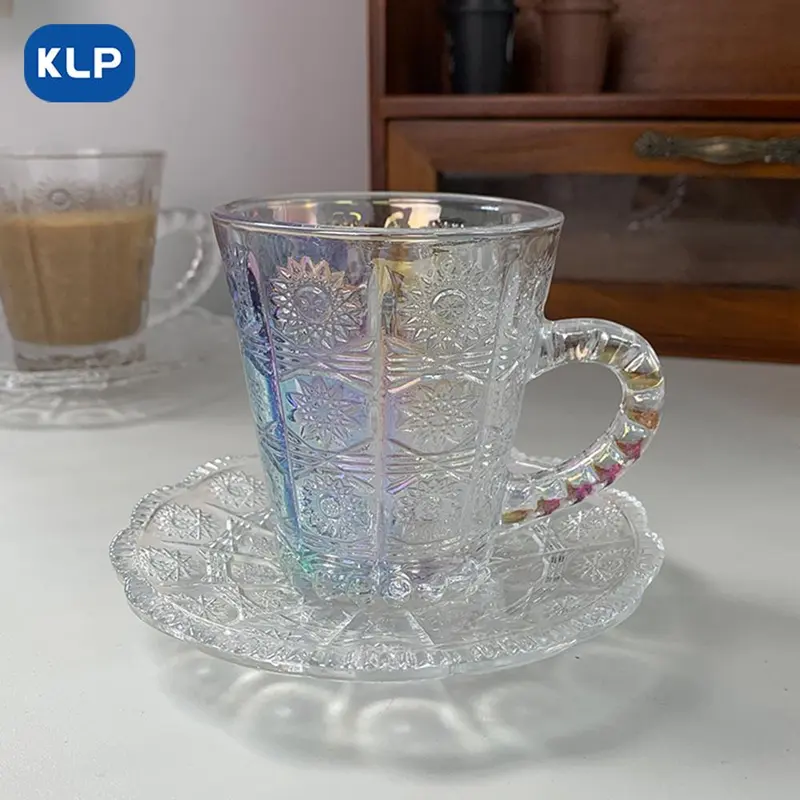 Vintage Glass Saucer & Coffee Cup Set, 2pcs Afternoon Tea Cup & Sauser Set, Glass Tumblers, Household Coffee Mug Set, Glass Drinkware for Home Use 8