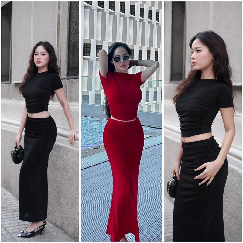 Set chân váy ôm dáng dài nhún mix áo croptop tay ngắn cổ tròn chất thun Ladong nhập tôn dáng O7O setváysơmi Nữ Women