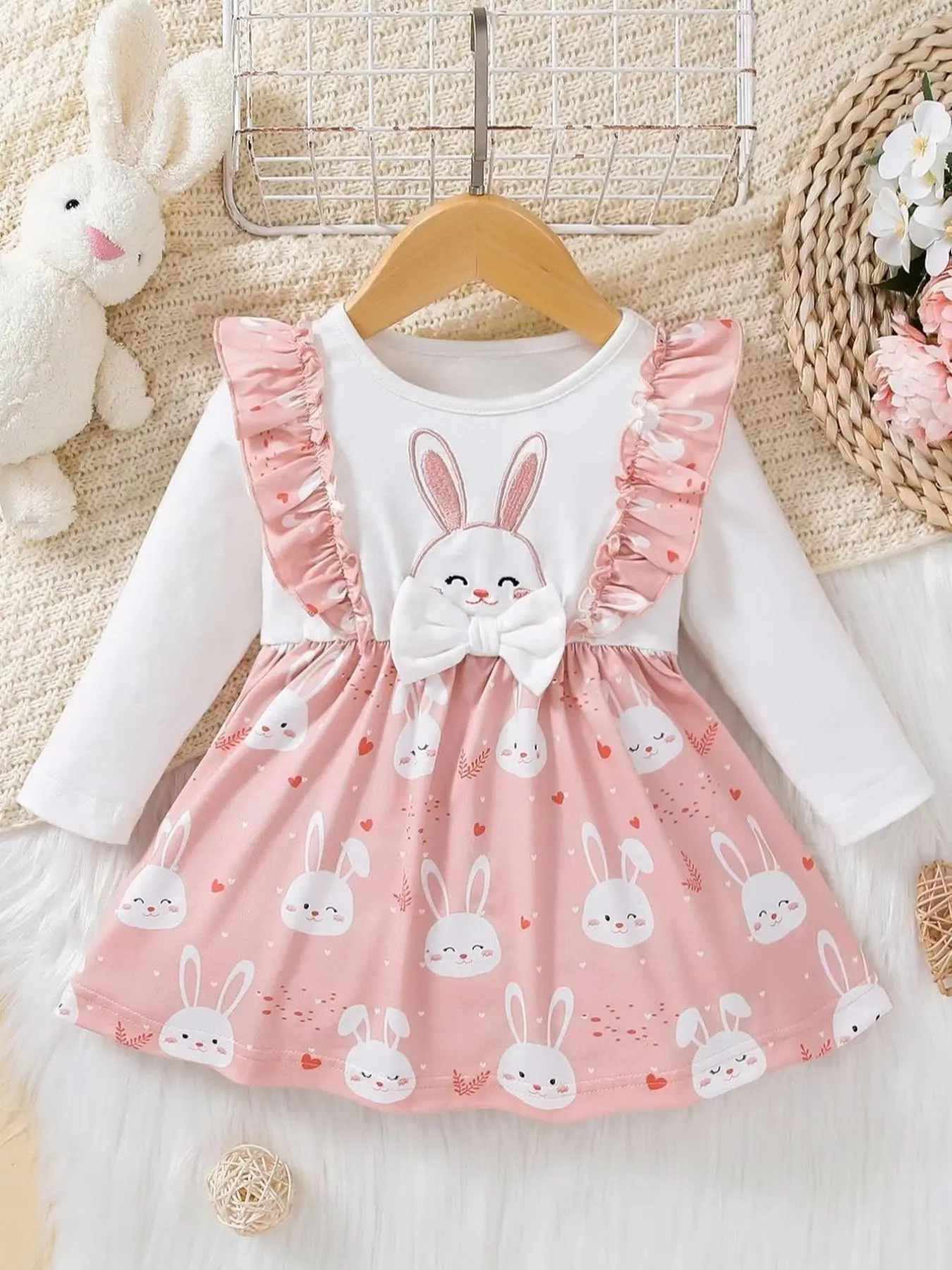 Baby's 2 In 1 Cartoon Rabbit Print Ruffle Trim Long Sleeve Dress, Cute Bow Front Round Neck A Line Dress for Baby Girls, Newborn Infant Kids Spring & Fall Clothes