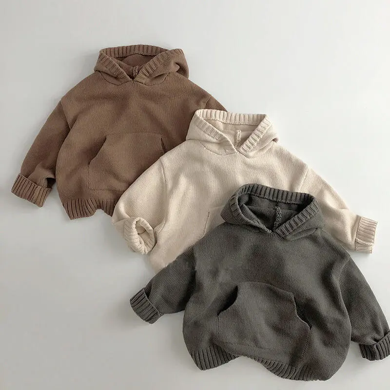 Front Pocket Fine Children Boys Sweaters Hoodie Knit Pullover Loose Style Girl Hooded Toddler Knitwear Coat