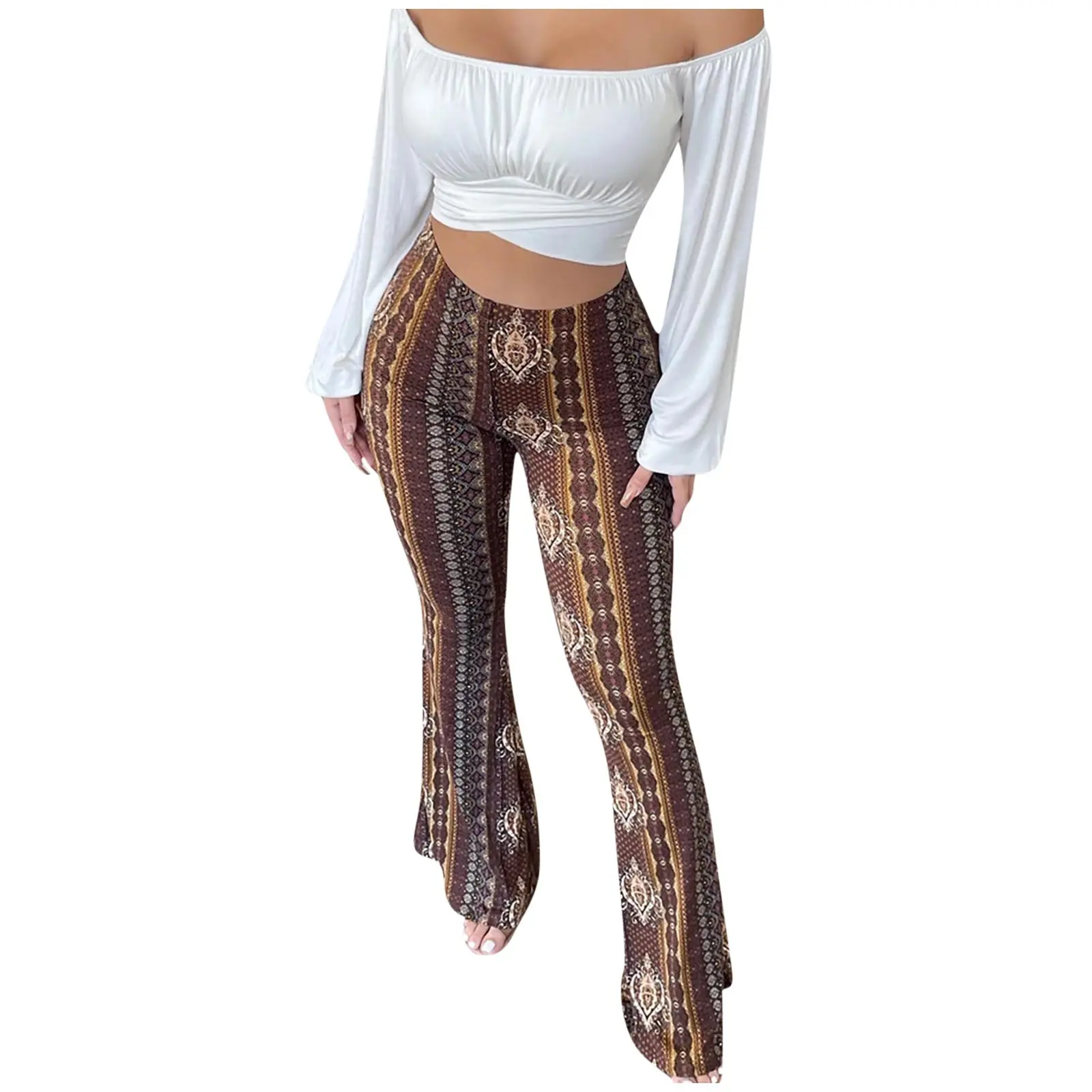 Women's pants Women Tight Fitting Buttocks Retro Non Positioning Printed Micro Flared Pants Casual pants