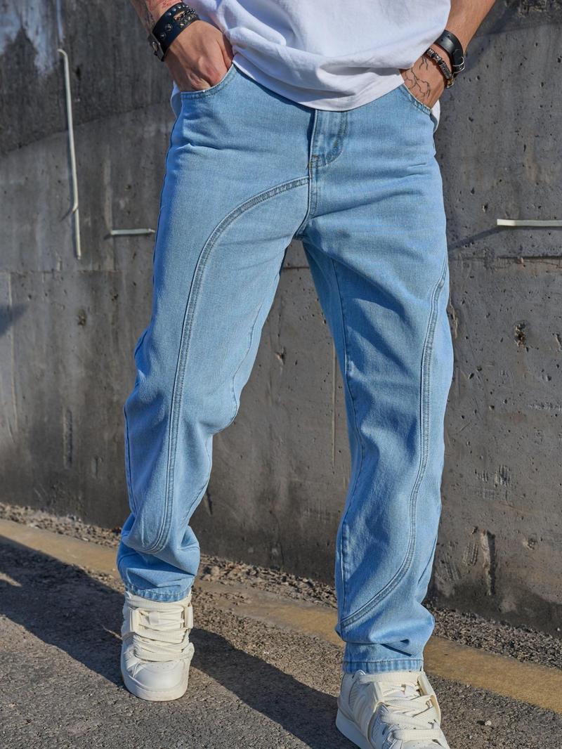 Product Introduction of Men's Solid Color Straight Leg Jeans, Loose Casual Comfy Denim Trousers for Spring & Fall, Fashion Men's Bottoms for Daily Wear, Cotton 1