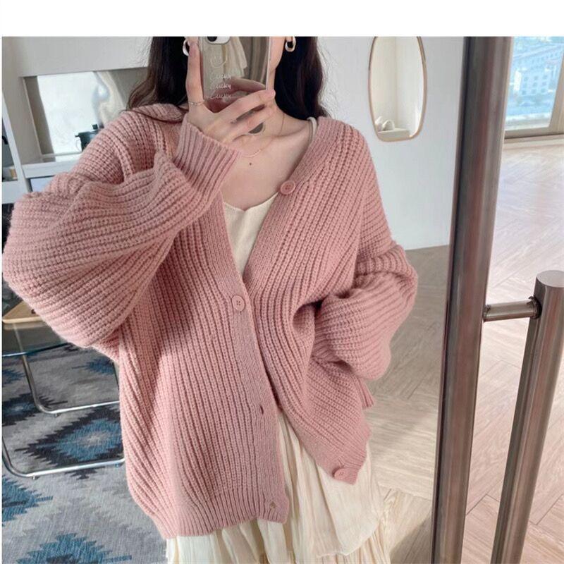 Product Introduction of Len Dày,  Màu Hồng, Hàng Mới Về Cho Mùa Thu Và Mùa Đông,  Cardigan Dệt Kim,  Thể Mặc Ngoài Trời, Phong Cách Lười Biếng, Ngọt Ngào Và Rộng Rãi,  Khoác Len      thun   ép   calisthenics grey  sweatpants   thun      giảm touquet áo anh áo  ép Nữ Women 1