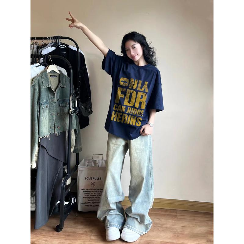 Product Introduction of Đường phố Mỹ in lỏng lẻo màu đỏ Lady ngắn tay áo T-Shirt Top oversize áo phông unisex 23